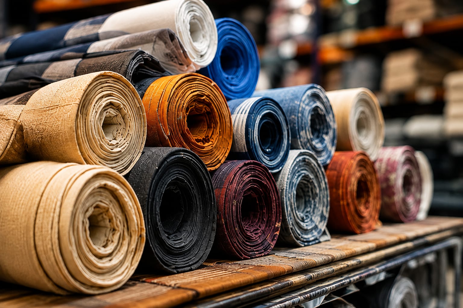 Textile fabric rolls stacked in a warehouse